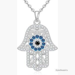 Sterling Silver Hamsa Evil Eye Pendant Necklace Protection Amulet